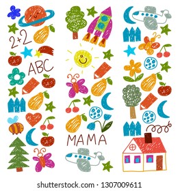 Kindergarten pattern for little children. Cute icons and characters for kids. Rocket, space, moon.