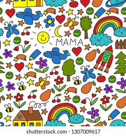 Kindergarten pattern for little children. Cute icons and characters for kids. Rocket, space, moon.