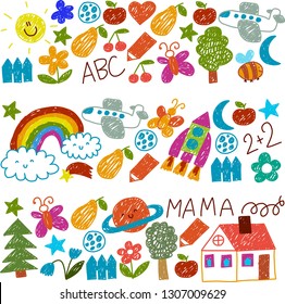 Kindergarten pattern for little children. Cute icons and characters for kids. Rocket, space, moon.
