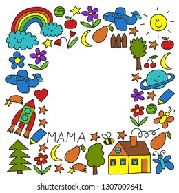 Kindergarten pattern for little children. Cute icons and characters for kids. Rocket, space, moon.