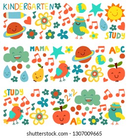 Kindergarten pattern for little children. Cute icons and characters for kids.