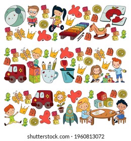 Kindergarten pattern with little children and toys. Creativity and imagination.