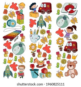 Kindergarten pattern with little children and toys. Creativity and imagination.