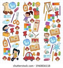 Kindergarten pattern with little children and toys. Creativity and imagination.