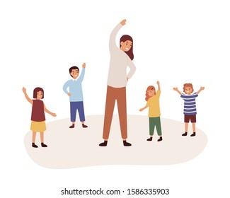 Kindergarten physical activity lesson flat vector illustration. Female babysitter and kids cartoon characters. Preschool teacher with pupils exercising isolated on white background.