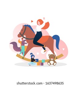 Kindergarten play class, vector concept illustration. Nursery school teacher sitting on rocking horse, playing children. Preschool, infant school, day care center concept for web banner, website page.