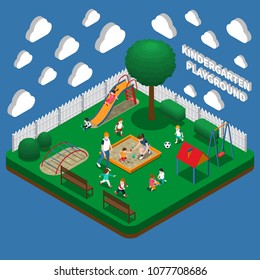 Kindergarten play ground, kids with educators during outdoor games isometric composition on blue background vector illustration