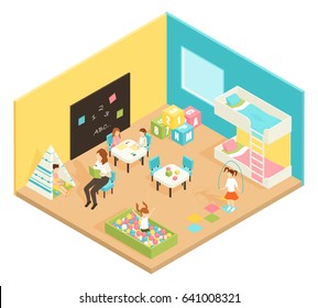 Kindergarten play room isometric design concept with teacher and children engaged in educational and outdoor games vector illustration 