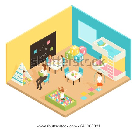 Kindergarten play room isometric design concept with teacher and children engaged in educational and outdoor games vector illustration 