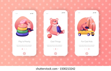 Kindergarten Playground Mobile App Page Onboard Screen Set. Tiny Male and Female Characters Playing with Huge Baby Toys. Game Childhood Concept for Website or Web Page. Flat Vector Illustration