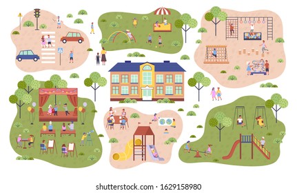 Kindergarten, playground and parking space, slides and swings, children playing vector. Sandbox and stage, easels and horizontal bar. Kids climbing, painting or acting, outdoor activity illustration