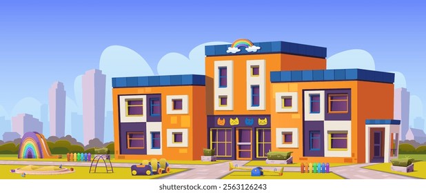 Kindergarten with playground and sandbox. Building facade with cat faces and rainbow, cartoon vector, modern architecture. Public place, cityscape, lawn, walkpath, children's swings, slide, toys.