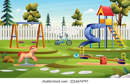 Kindergarten playground with slide, swing, bicycle and seesaw cartoon illustration