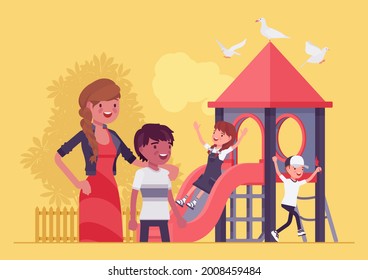 Kindergarten playground, teacher and a child boy. Children playpark, daycare recreation, outdoor summer camp amusement, bright slide, playhouse equipment. Vector flat style cartoon illustration