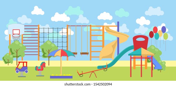 Kindergarten playgrounds background for children outdoor activity. Park playground. Playing garden leisure equipment without kids vector illustration, play and sports.