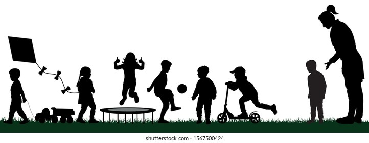 Kindergarten with playing children. Socialization of children. Playground with kids silhouette vector. Mom pushes her son to play with the children