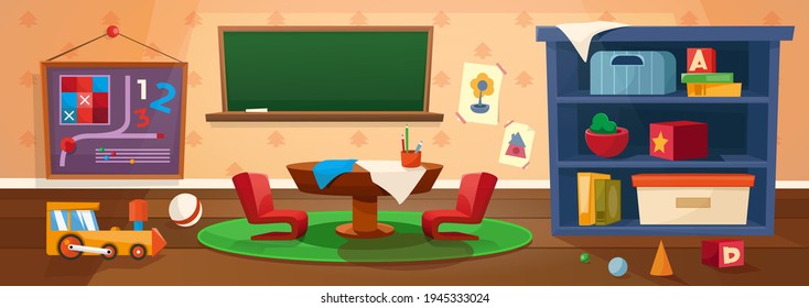 Kindergarten playroom. Elementary school class with table and board for studying children or kids. Interior with games, toys 
