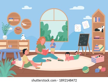 Kindergarten playroom flat color vector illustration. Primary grade tutor read to listening kids. Preschool teacher with children 2D cartoon characters with classroom interior on background