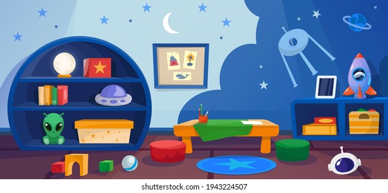 Sala de juegos infantil con juegos, juguetes, al estilo cosmos. Clase de escuela primaria con mesa de estudio para niños y niñas. Fondo de pantalla con ilustración de estrella y nave espacial.