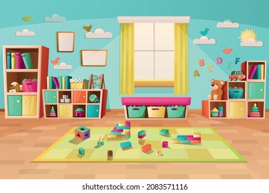 Kindergarten playroom interior colored background with furniture toys and books cartoon vector illustration