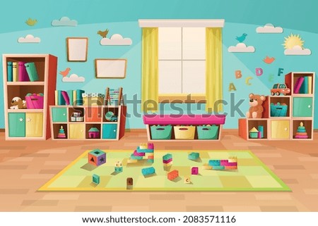 Kindergarten playroom interior colored background with furniture toys and books cartoon vector illustration