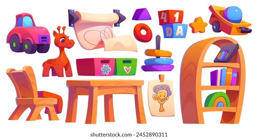 Kindergarten playroom interior design set isolated on white background. Vector cartoon illustration nursery school classroom furniture and toys, wooden table, chair, bookshelf, education equipment