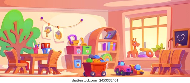 Kindergarten playroom interior design. Vector cartoon illustration of nursery school classroom with large window, furniture and toys, wooden table and chairs for kids, bookshelf, preschool education