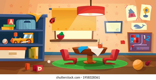 Kindergarten playroom. School class with table and window. Interior with games, toys. Vector interior.