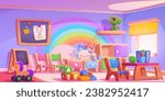 Kindergarten playroom with toys. Vector cartoon illustration of large room with window, rainbow color wall, blackboard for drawing, book and pencils on wooden table, chairs for kids, nursery play area