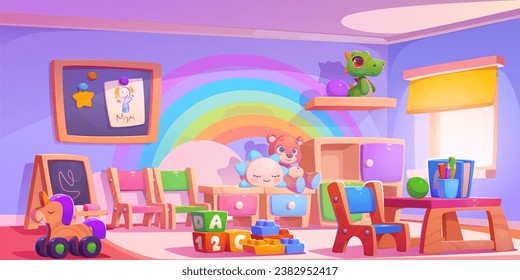 Kindergarten playroom with toys. Vector cartoon illustration of large room with window, rainbow color wall, blackboard for drawing, book and pencils on wooden table, chairs for kids, nursery play area