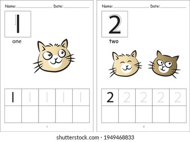 kindergarten Pre school number 1 to 10 writing activity cartoon cats