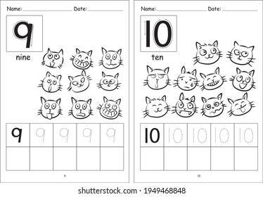 kindergarten Pre school number 1 to 10 writing activity cartoon cats