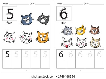 kindergarten Pre school number 1 to 10 writing activity cartoon cats