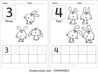 kindergarten Pre school number 1 to 10 writing activity cartoon rabbits