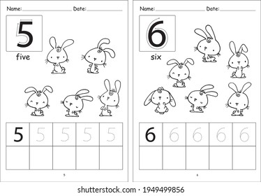 kindergarten Pre school number 1 to 10 writing activity cartoon rabbits