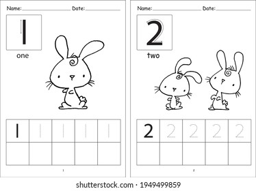 kindergarten Pre school number 1 to 10 writing activity cartoon rabbits