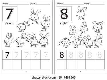 kindergarten Pre school number 1 to 10 writing activity cartoon rabbits