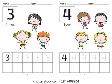 kindergarten Pre school number 1 to 10 writing activity cartoon children kids