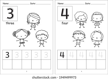 kindergarten Pre school number 1 to 10 writing activity cartoon children kids