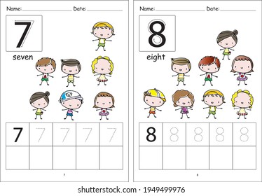 kindergarten Pre school number 1 to 10 writing activity cartoon children kids