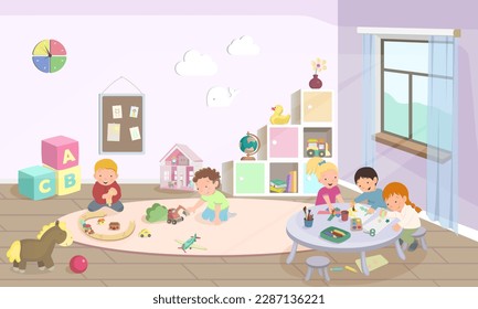 Kindergarten or preschool activities. Сhildren playing with cars, drawing and make crafts. Cartoon bundle, vector illustration. Modern room with furniture, sunlight from window.