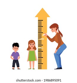 Kindergarten or preschool children group measuring height, flat vector illustration isolated on white background. Kindergarten kids activity and recreation.