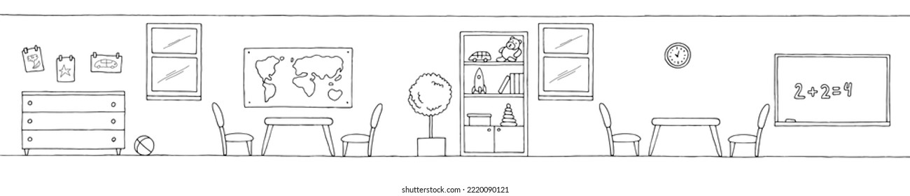 Kindergarten preschool classroom graphic black white interior long sketch illustration vector 