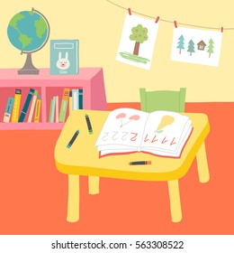 Kindergarten Preschool Classroom Interior. Cartoon Vector Hand Drawn Eps 10 Illustration In Flat Style.