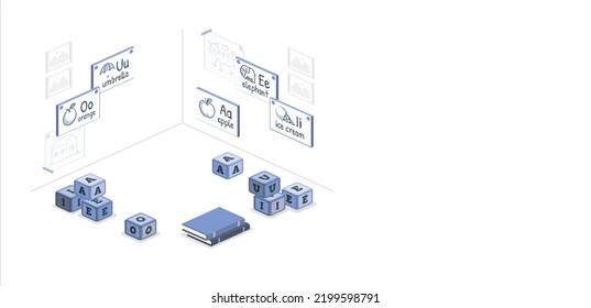 Kindergarten, Preschool Classroom. Modern Kindergarten Playroom With Vowels Puzzle. Vowels Of English Alphabet With Representation Pictures In The Classroom. Flat Style Cartoon Vector Illustration