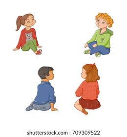Kindergarten, preschool kids, children, boys and girls sitting on the floor, flat cartoon vector illustration isolated on white background. Kids, children sitting on the floor, Front and back view