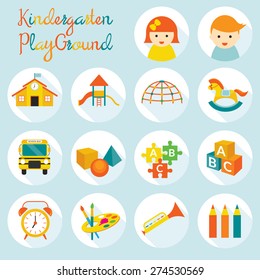 Kindergarten, Preschool, Objects Icons Set, Kids, Education, Learning and Study Concept