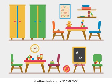 Kindergarten preschool playground. Children's table with toys, wardrobe, cubes and chalk board. Flat style vector illustration.