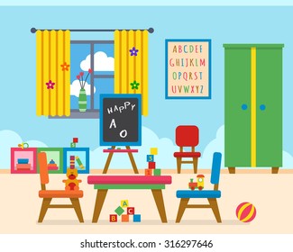 Kindergarten preschool playground. Children's table with toys, wardrobe, cubes and chalk board. Flat style vector illustration.