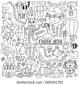 Kindergarten preschool school children. Kids drawing style vector pattern. Play grow learn together.